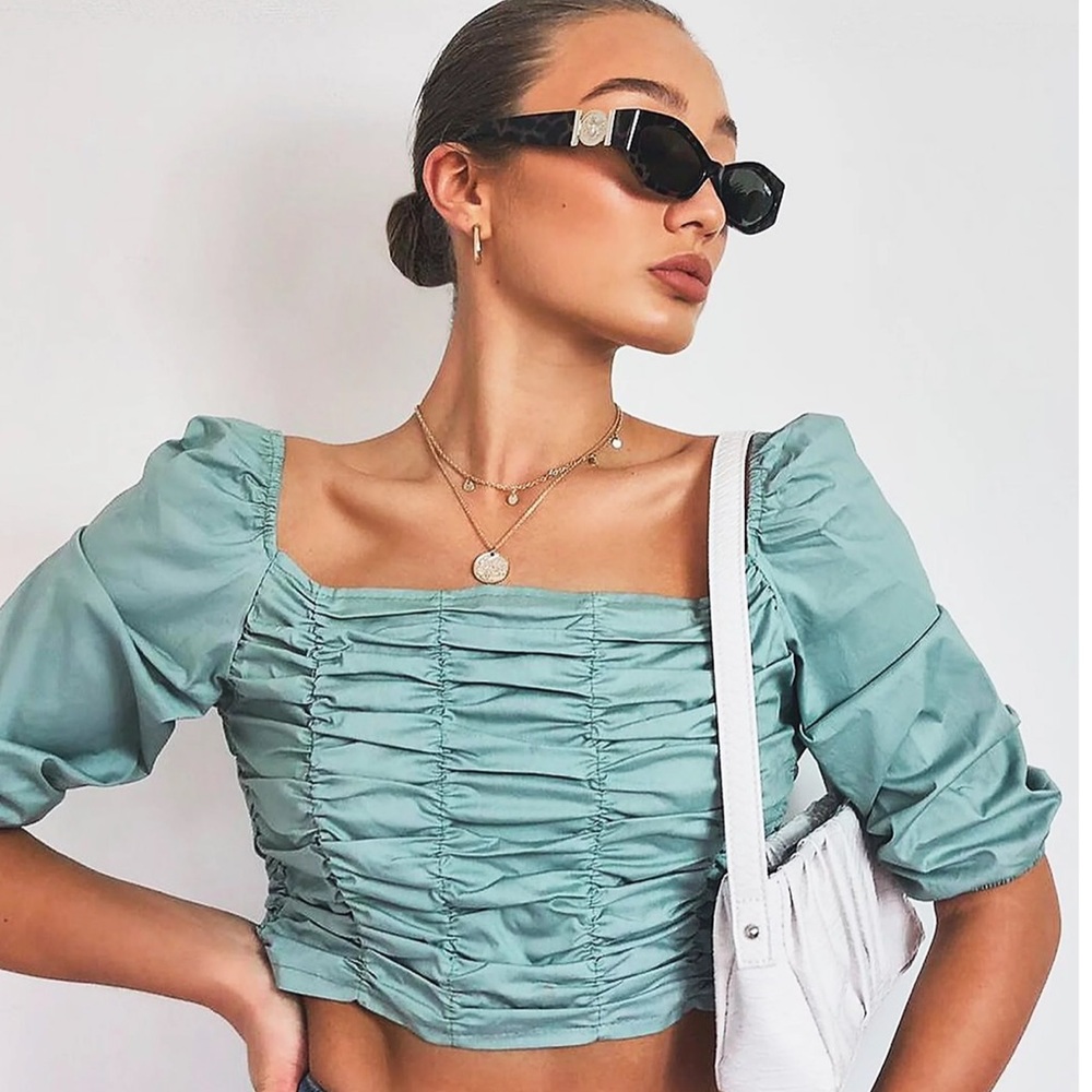 NWT/ Woven Ruched Front Square Neck Crop Top